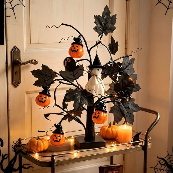 Halloween Black Tree Tabletop Decor Pumpkin Ghost LED Lighted Spooky Centerpiece for Party Home