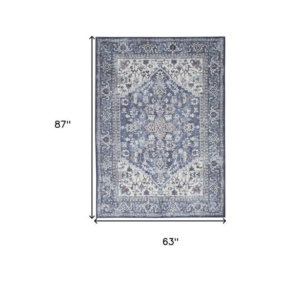 HomeRoots 527769 5 x 7 ft. Gray, Ivory & Blue Floral Power Loom Distressed Washable Area Rug
