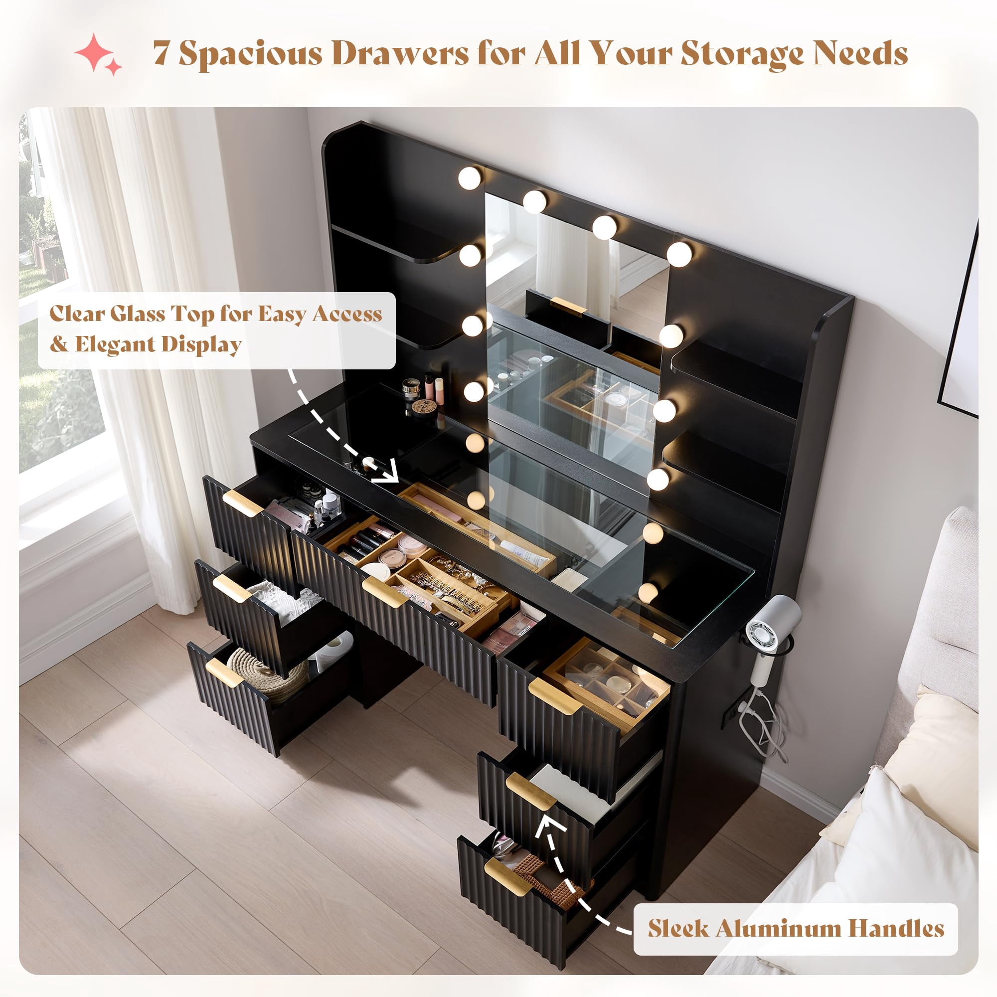 Merluxy 47.2" Girls Vanity Desk with Mirror and Adjustable LED Lights, 7 Drawers Makeup Table with Glass Top and Charging Station, Black
