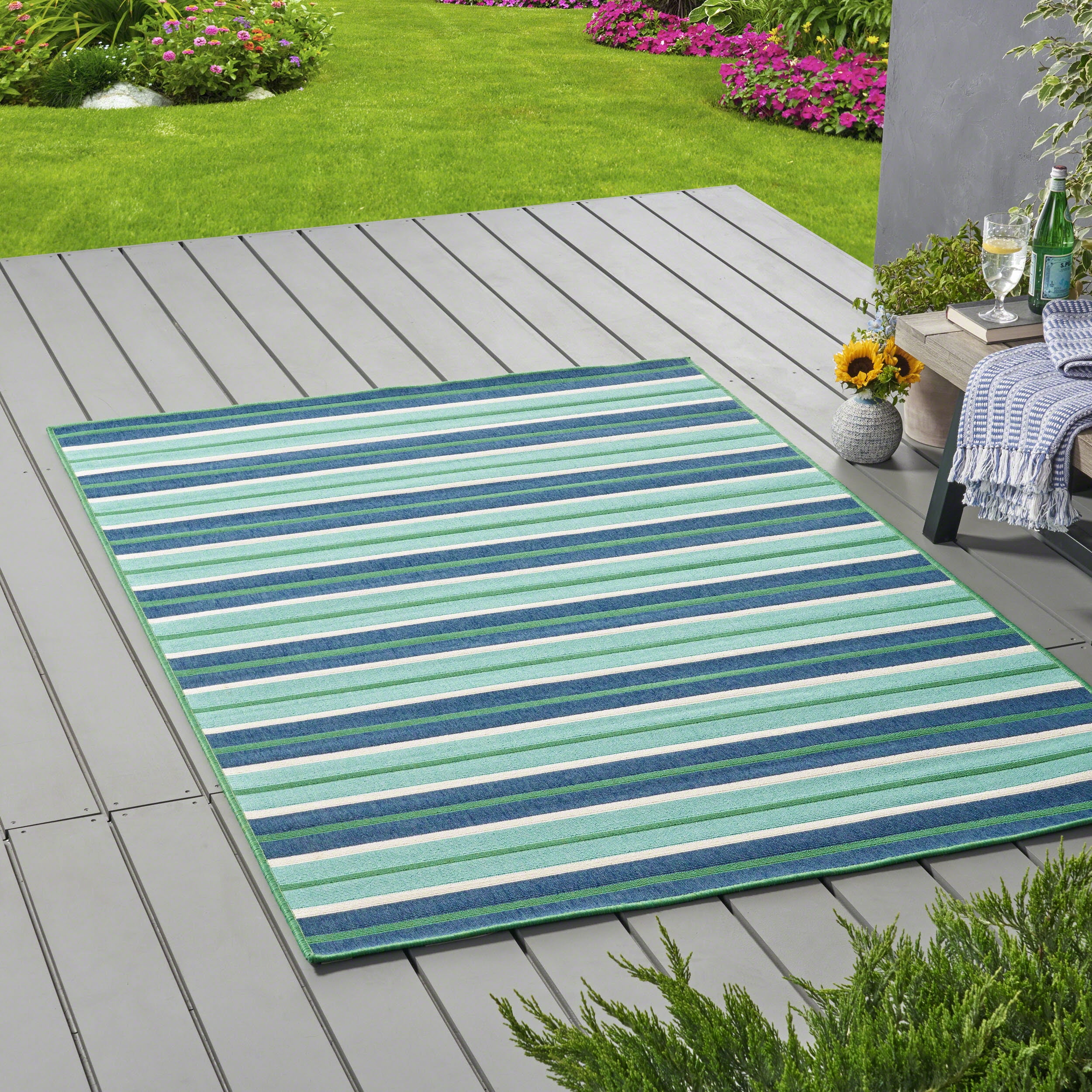 GDF Studio Celia Outdoor Geometric 5' x 8' Area Rug, Blue and Green