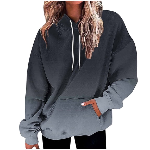 Qgtaibl Women Fall Hooded Sweatshirts Gradient Color Oversized Long Sleeve Hoodies Drawstring Kangaroo Pocket Casual Pullover Tops Navy S