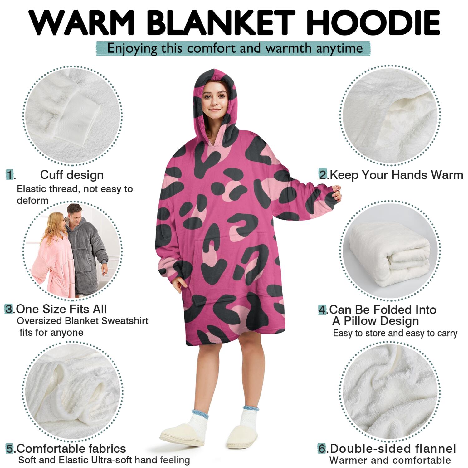 Pink and Black Of Leopard Print Wearable Oversized Blanket,Wearable Blanket Hoodie for Adults,Cozy Hooded Blankets with Super Pockets,Super Warm Fuzzy Pullover for Women & Men