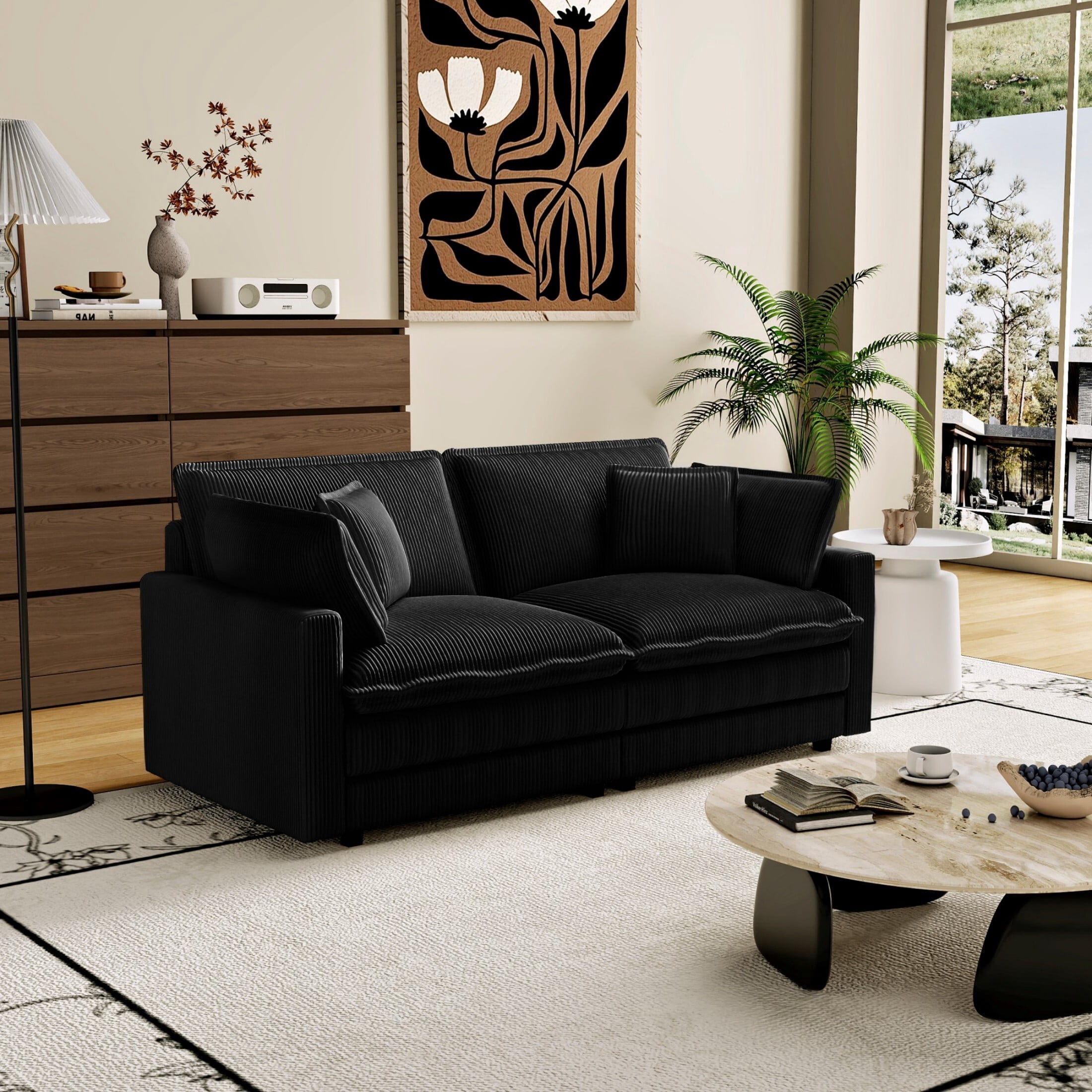 AENKYO 70.86'' Oversized Deep Seat Loveseat Sofa, Corduroy 2-Seater Couch with 4 Pillows, Black