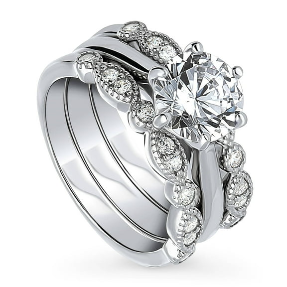 BERRICLE Sterling Silver Milgrain Wedding Engagement Rings 2 Carat Cubic Zirconia CZ Solitaire Ring Set for Women, Rhodium Plated Size 6