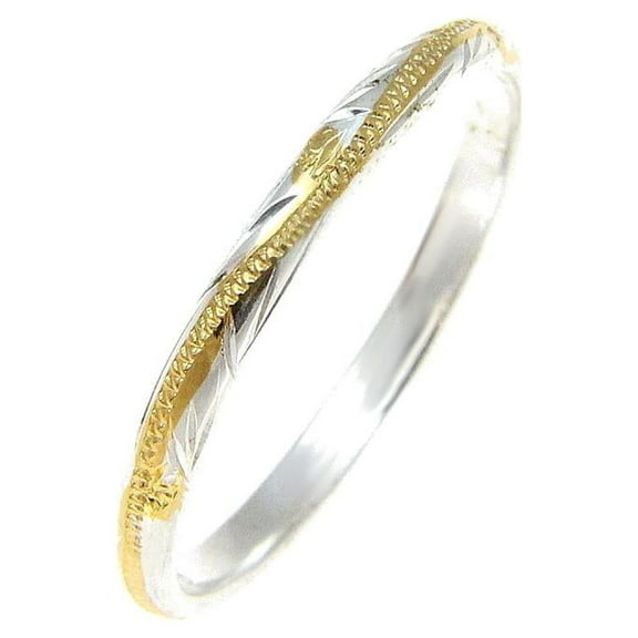 Sterling silver 925 2 tone yellow gold plated 2mm Hawaiian scroll hand engraved ring band size 3.5