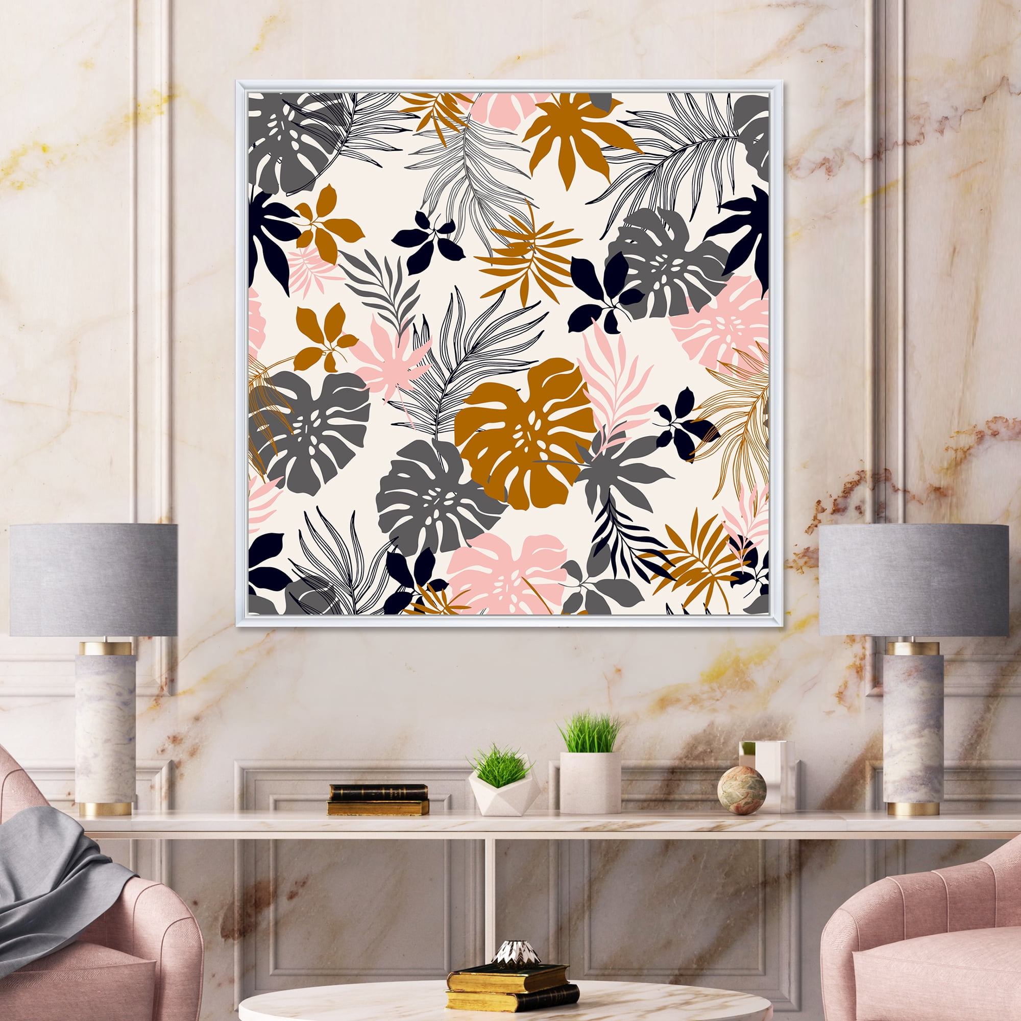 Designart 'Tropical Naturepalm Monstera Leaves In Silhouette On White' Traditional Framed Canvas Wall Art Print