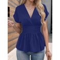 thumbnail image 6 of Women V Neck Cap Sleeve Wrap Blouses Ruched Ruffle Hem Peplum Tops Navy Blue XL, 6 of 9