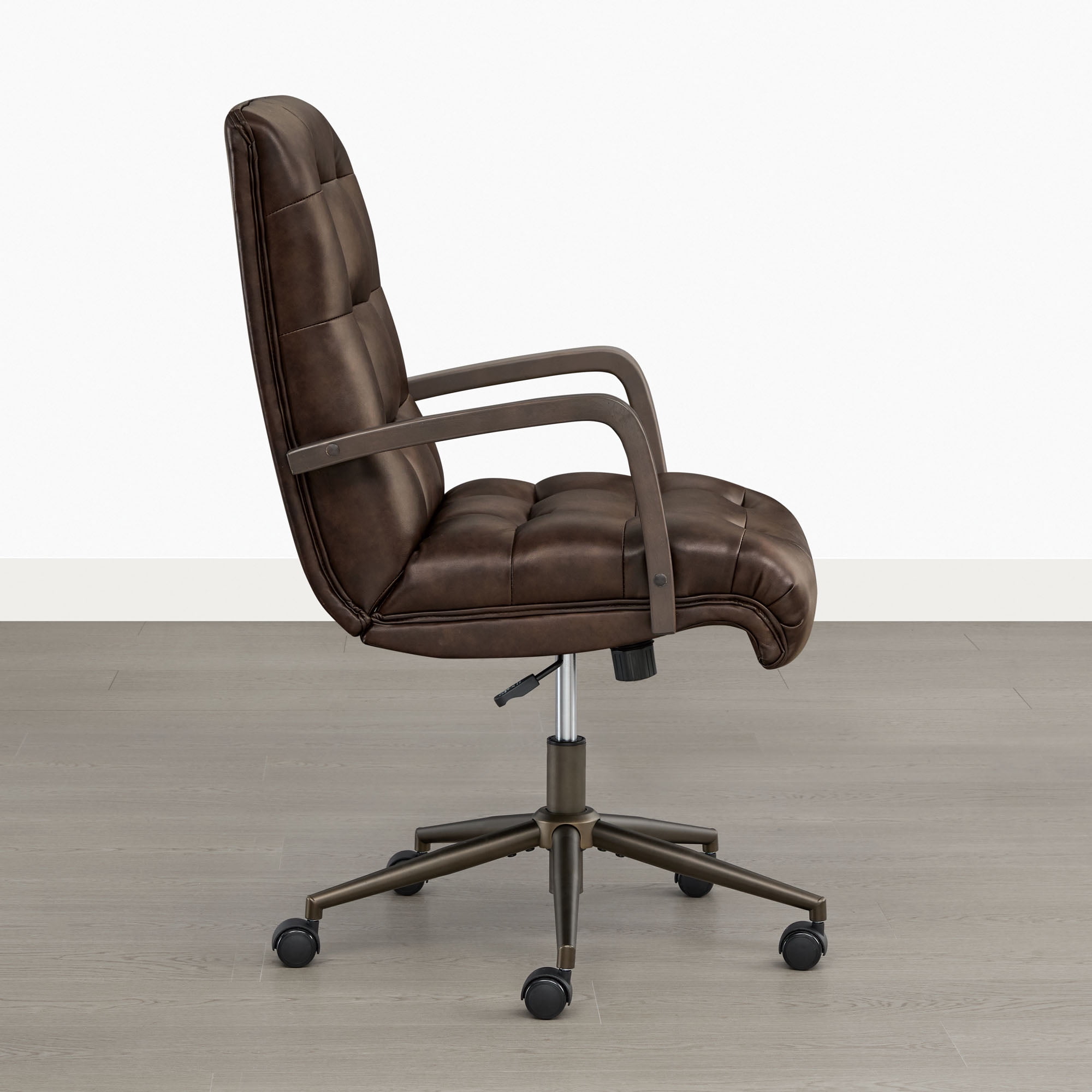 Spruce & Spring Mid-Century Modern Office Chair with Solid Wood Arms, Faux Leather Desk Chair with Adjustable Height & Tilt for Home Office, Espresso