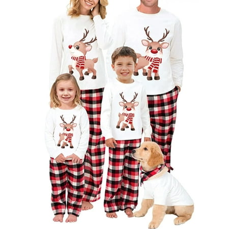 

CenturyX Christmas Pajamas for Family Long Sleeve Elk Printed Tops Elastic Plaid Pants Xmas Matching Sleepwear for Parent-Child White