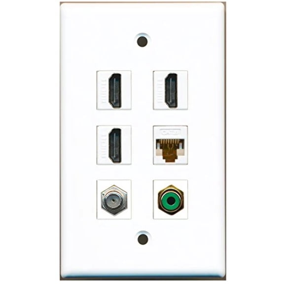 RiteAV - 3 HDMI 1 Port RCA Green 1 Port Coax Cable TV- F-Type 1 Port Cat6 Ethernet White Wall Plate