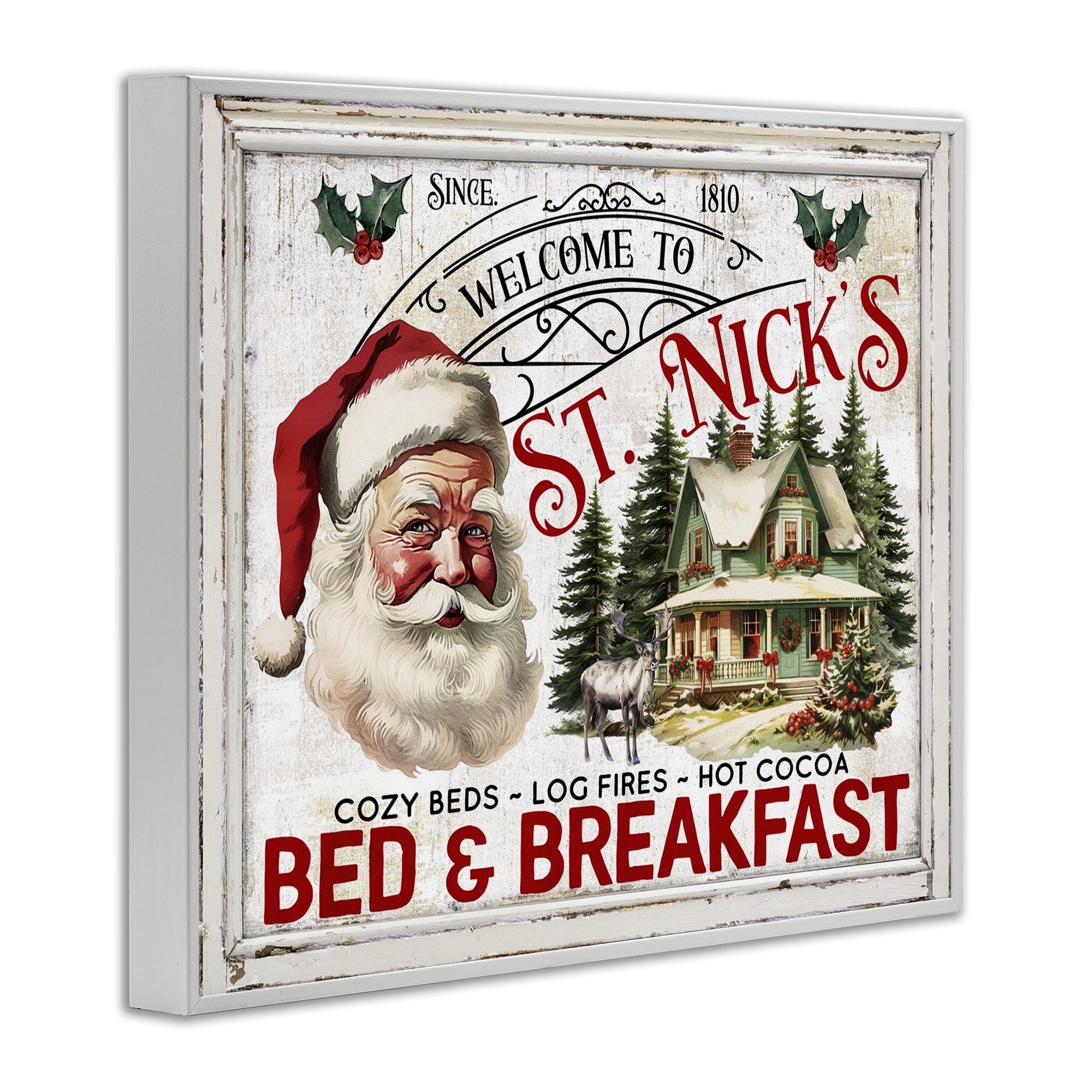 Stupell Industries St Nick's Bed & Breakfast Holiday Painting White Framed Art Prints Wall Art, 30 x 24