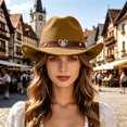 thumbnail image 2 of XIAOCHA Women's Rhinestone Embellished Wool Cowboy Hat Cattleman Rodeo Wide Brim Western Hat,Khaki, 2 of 4