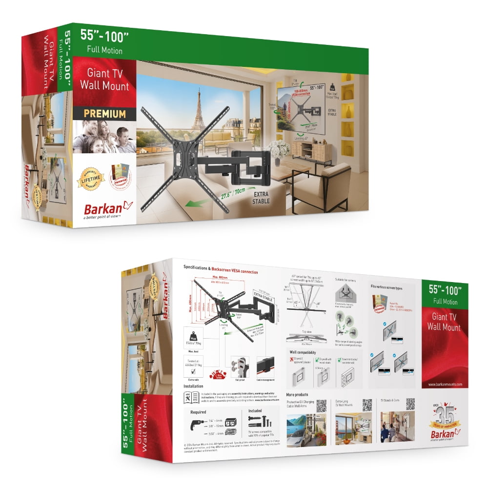 55" - 100" Giant TV Full Motion Wall Mount - Extension, Swivel & Tilt