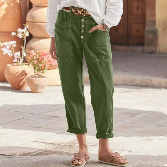 Munlar Casual Pants for Women Army Green Linen Cropped Pants with Pockets Elastic Waist High Waisted Trousers Size XXXXL