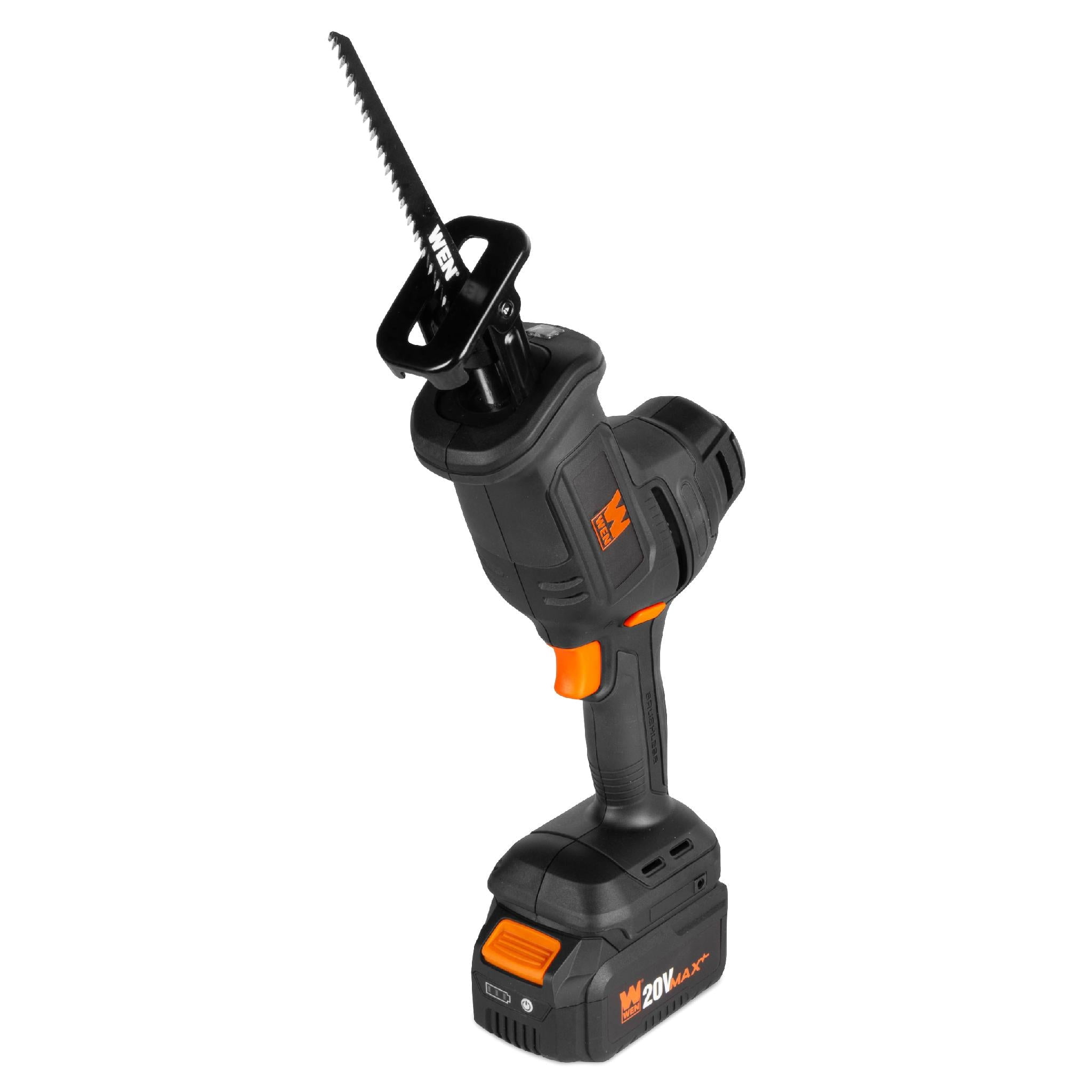 WEN 20631 20V Max Cordless Reciprocating Saw, Brushless Compact One-Handed Design with 4.0 Ah Lithium-Ion Battery and Charger