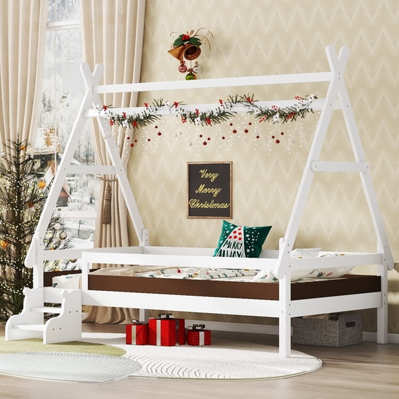 Twin House Platform Bed with Stairs, Solid Wood Twin Bed Frame, Low Profiled and house Fun Design, White