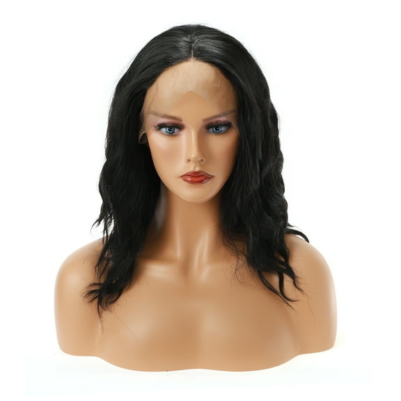Unique Bargains Lace Front Wigs Medium Long Curly Wavy for women Black 12" with Wig Cap