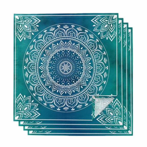 Teal Blue Boho Cloth Napkins, Retro White Rustic Flower Ethnic Pattern Washable and Reusable Dinner Napkins Set of 4, Table Napkin for Kitchen Party Birthday Wedding Hotel Housewarming 20"x20"