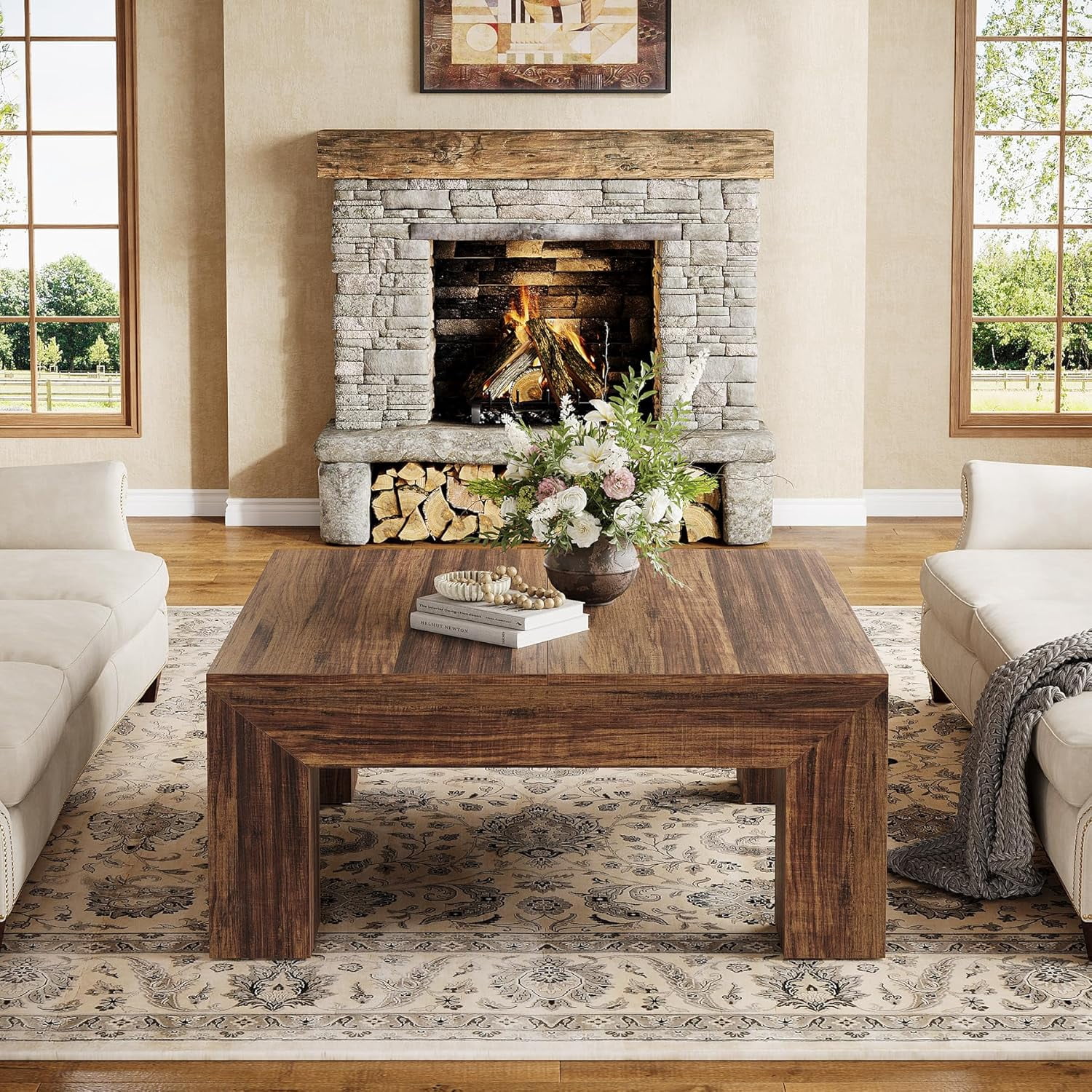 Finmind 39.4-Inch Square Coffee Table for Living Room, Farmhouse All Wood Accent Center Cocktail Table