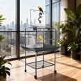 thumbnail image 1 of 62-Inch Rolling Bird Cage, Large Wrought Iron Parrot & Parakeet Flight Cage with Slide-Out Tray, Wooden Perches, Standing Metal Bird Cage for Parrots and Parakeets, Black, 1 of 11