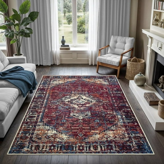 GLN Rugs Narman - Indoor, Machine Washable Area Rug 8'x10' Turkish Burgundy Home Carpet