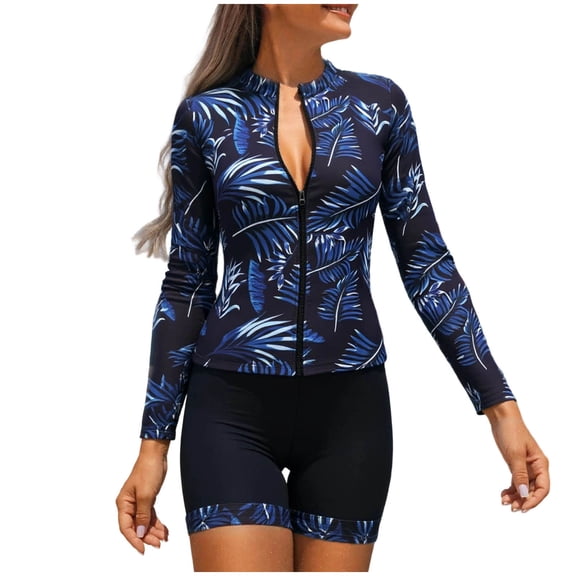 WRKEKC Swimsuits for Women Hawaiian Print Zip Front Long Sleeve Tankini Top and Boyleg Bottom Set upf 50 Sun Protection