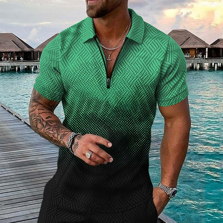 Men's V-neck, Plaid Shirt, Polo Shirts, Green Polo