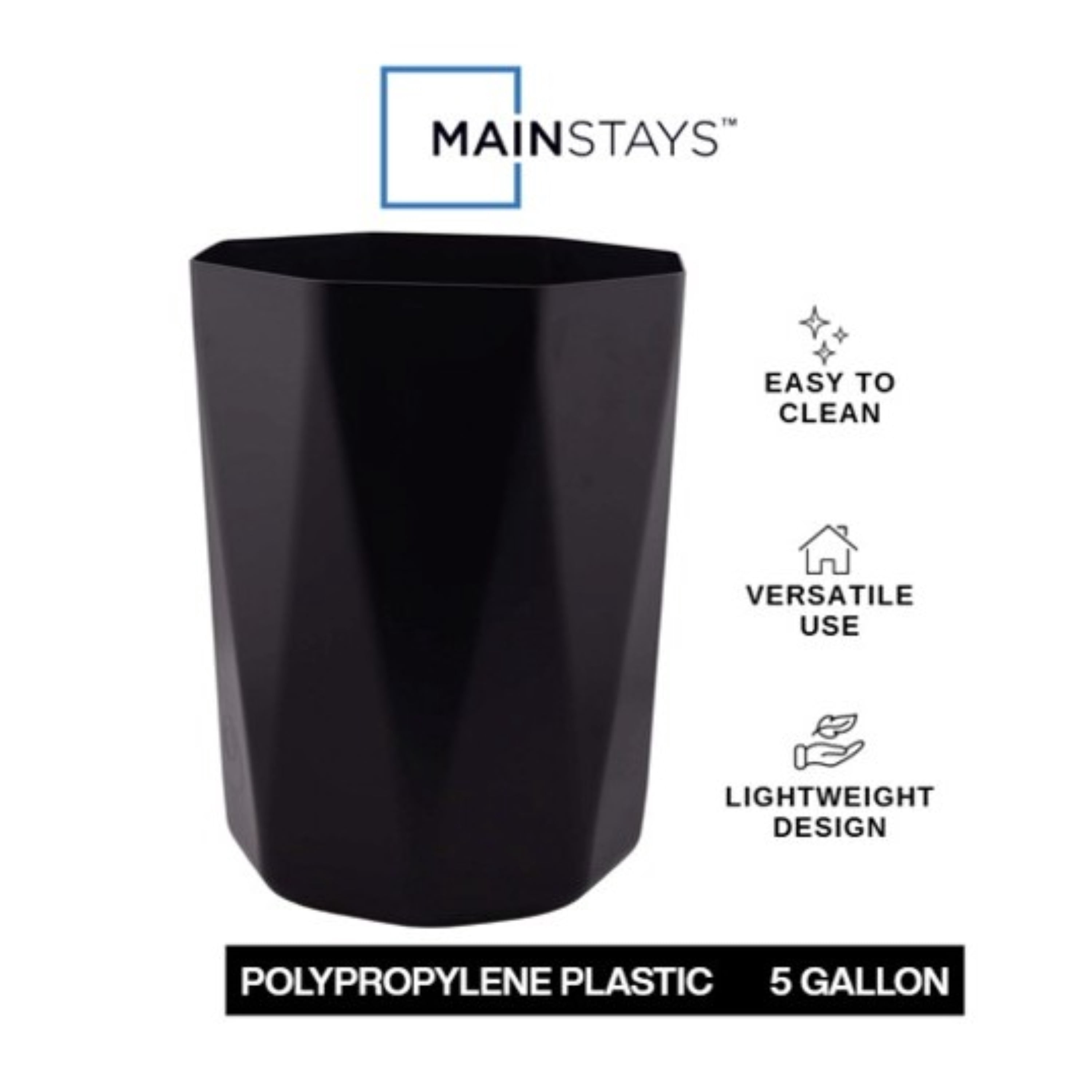 Mainstays Bathroom Trash Can, 5 Gallon Geometric Plastic Garbage Bucket Bin with No Lid, Black