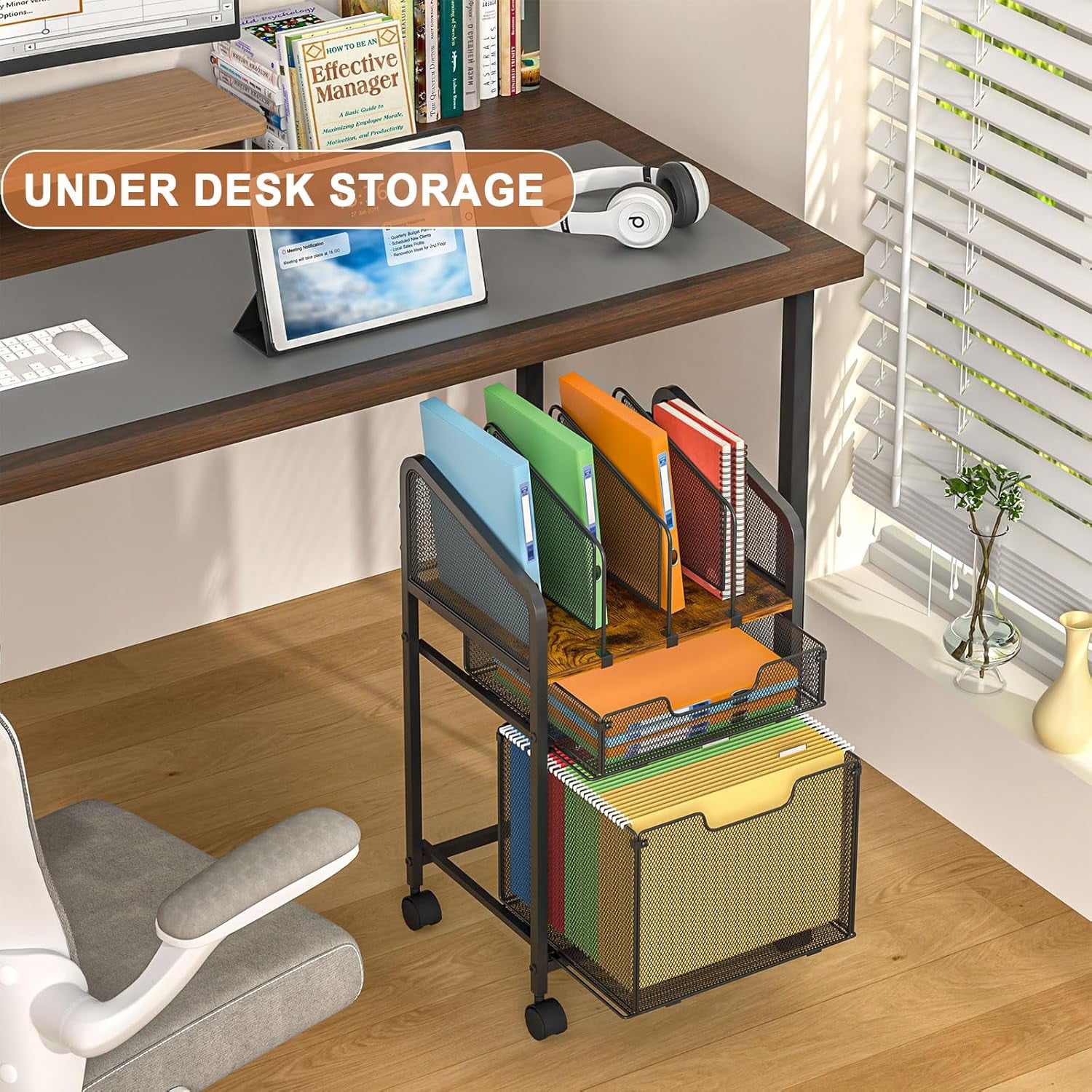 Rolling File Cabinet with Adjustable Dividers, Mobile Filing Cabinet with Storage Drawer on Lockable Wheels, Hanging File Organizer Beside Under Desk for Office, Home