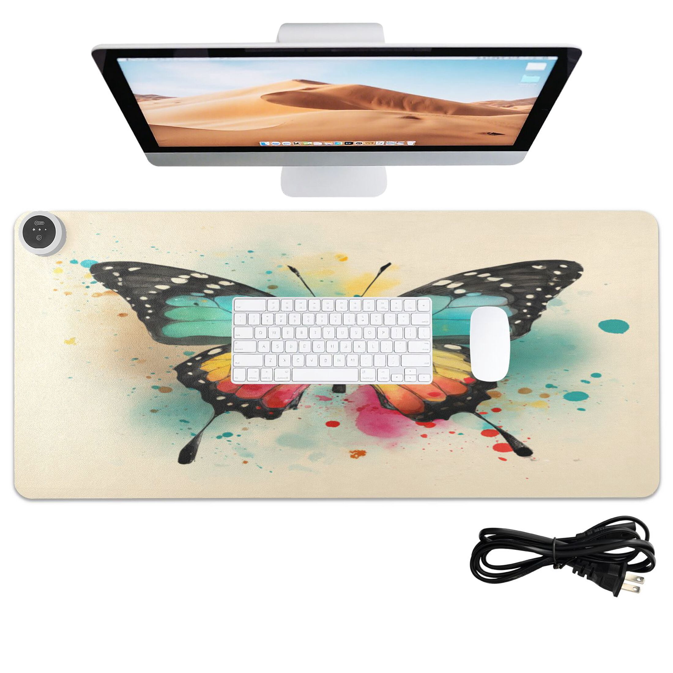Large Heated Desk Mat Mouse Pad 31.5"x13"PU Leather Graphene Heating Desk Warmer with 3 Temperature Settings 110V US Plug Non-Slip Warm Pad for Home, Office, and Gaming Warm Gradient Butterfly Art