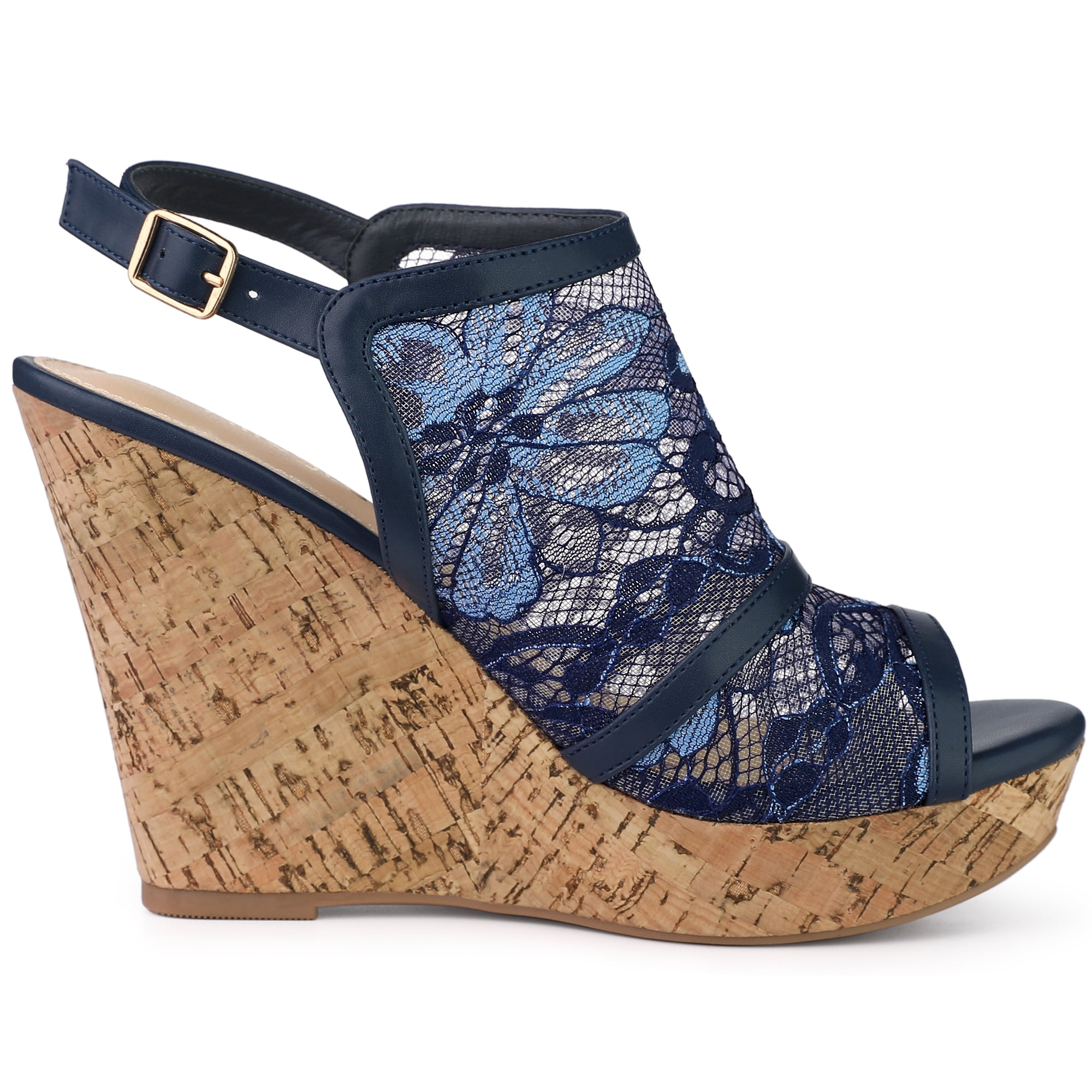 DARING DIVA Women's Open Toe Platform Heel Lace Wedges Sandals Deep Blue 6