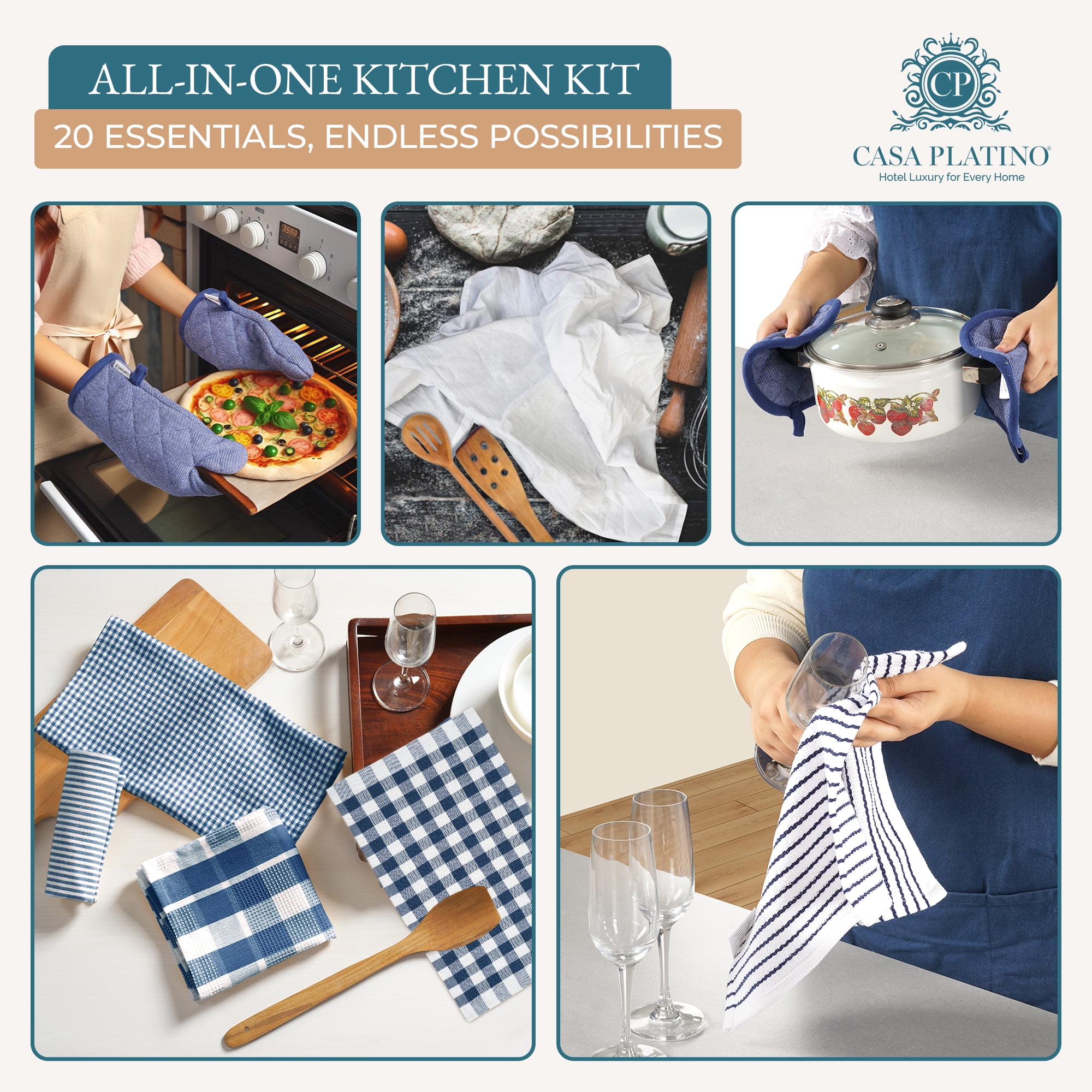 20 Piece Kitchen Towels and Dishcloths Sets - Cotton Dish Towels, Heat Resistant Kitchen Mittens & Pot Holder Set, Apron for Women with Pocket, Absorbent Dish Towels for Kitchen Drying - Indigo