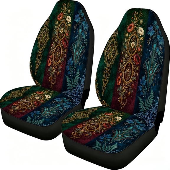 Vintage Floral Geometric Print Car Seat Covers 2 Piece, Mesh Fabric Front Seat Protectors Universal Fit for Cars Suvs Trucks Vans