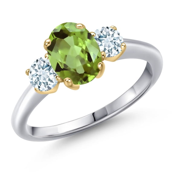 Gem Stone King 925 Silver and 10K Yellow Gold Green Peridot and Sky Blue Aquamarine Engagement Ring for Women | 1.92 Cttw | Oval 8X6MM | Gemstone August Birthstone | Size 9
