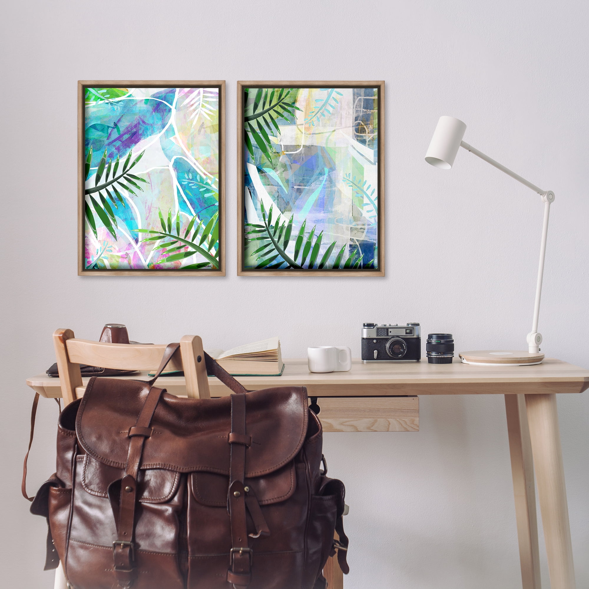 Stupell Industries Abstract Pastel Palm Shapes Plants & Flowers Painting Brown Floater Framed Canvas Art Print Wall Art, 17 x 25, Set of 2