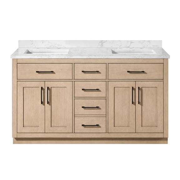 Pemberly Row 60" Sahara Birch Vanity with Top and Matte Black Hardware