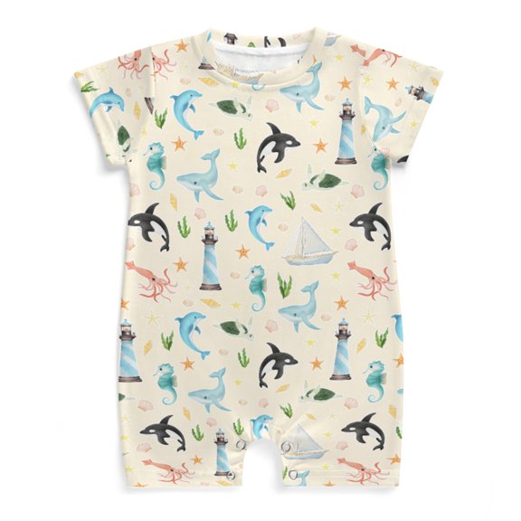 Baby Yellow Sea Animals Baby Rompers Boy Girl Whale Sea Horse Dolphin Corals Lighthouse Boat Newborn Infant Nautical Life Clothes Summer Short Sleeve Jumpsuit Playsuit Bodysuit