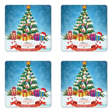 Christmas Coaster Set of 4, New Year Tree Surrounded by Surprise Boxes Noel Yuletide Concept Artwork Print, Square Hardboard Gloss Coasters, Standard Size, Multicolor, by Ambesonne