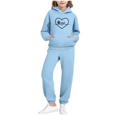 Fesfesfes Kids Printed Hooded Sweatshirt with Jogger Pants 2 Piece Set Boys Girls Casual Fleece Lined Outfit Long Sleeve Pullover Top and Bottoms Set(Blue#1 9 Years)
