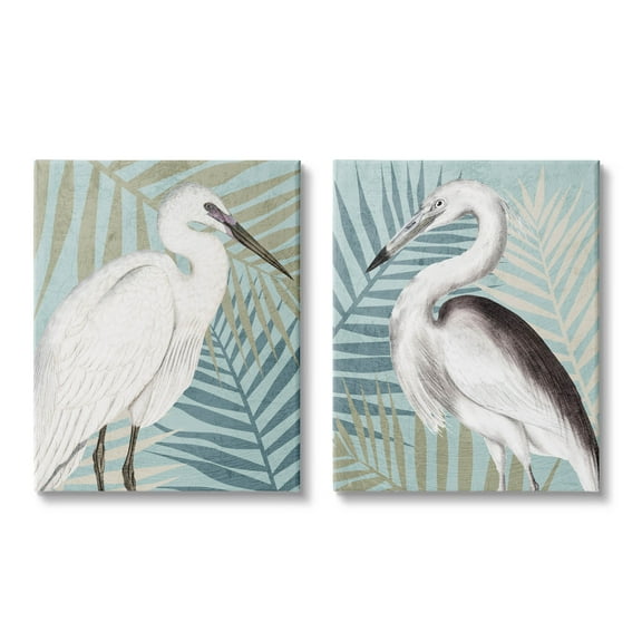 Heron Birds Layered Plant Leaves Animals & Insects Graphic Art Gallery Wrapped Canvas Print Wall Art, Set of 2