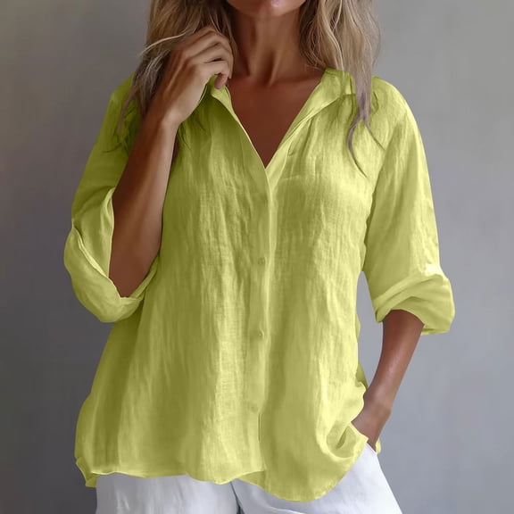 Mceream Button Down Shirts for Women Plus Size Cotton Linen Long Sleeve Collared Blouses Casual Lightweight Spring Summer Beach Tunic Tops Fashion Trendy Clothes Blusas De Lino Yellow S
