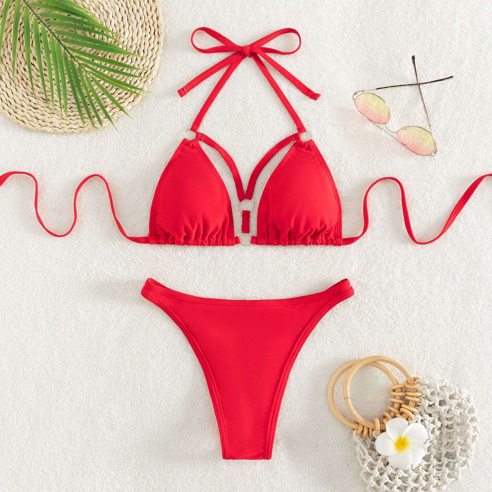 Femmes Bikini Maillot Licol Cou Sangle Fermeture Anneau Dos Nu