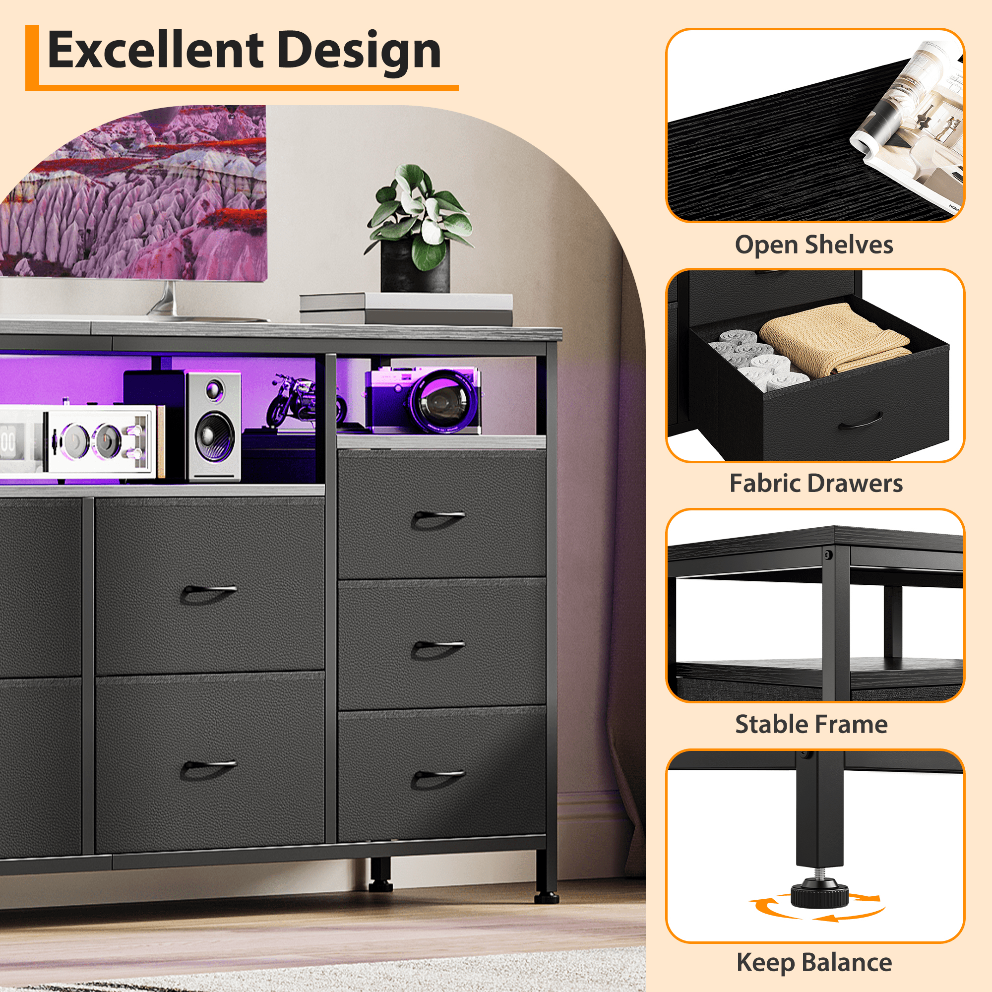 Towallmark 10 Drawer Dresser TV Stand for 65/70/75 Inch TV, 63" W Long Fabric Dresser Entertainment Center with LED Lights & Power Outlets for Bedroom with Led Lights & Power Outlets