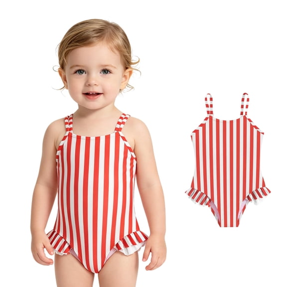 XINXIAOO Baby Toddler Girls Red White Striped 1 Piece Swimsuit Ruffle Hem Thin Spaghetti Straps Summer Beach Pool Bathing Suit 9-12 Months