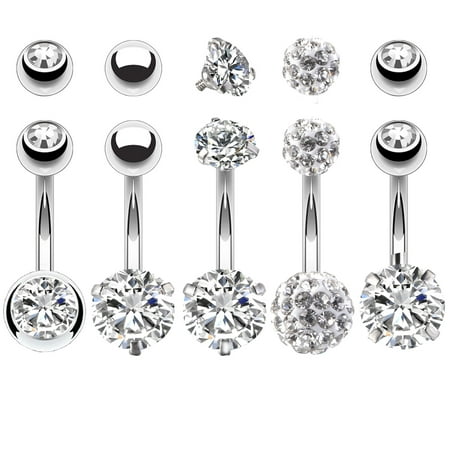 BodyJ4You 5PCS Belly Button Rings 14G Stainless Steel CZ Women Navel Body Piercing Jewelry