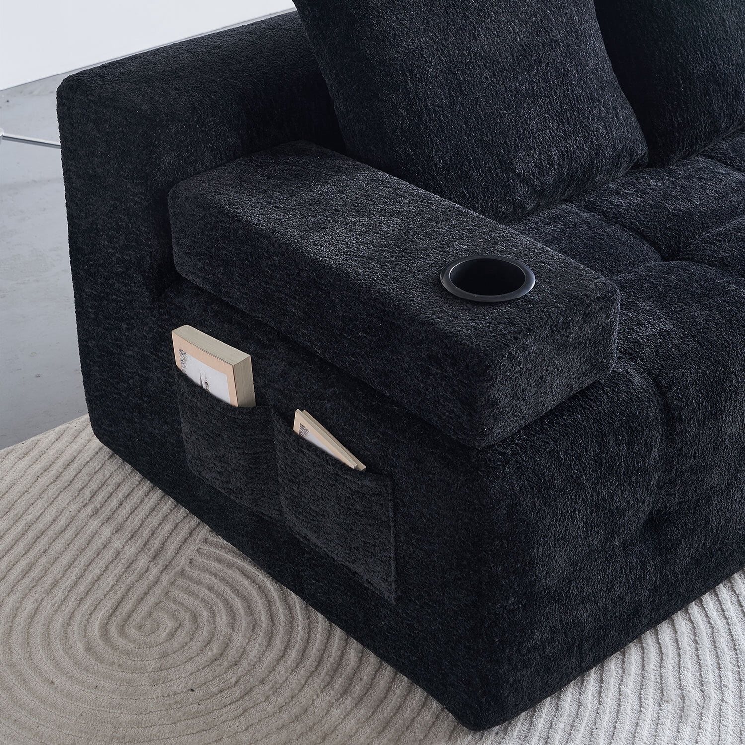 Modern L-shaped Tufted Sectional Sofa with Built-in Wireless Charging & Bluetooth Speaker,Reversible Chaise with Chenille Sofa Couch, USB Port, Cup Holders, Black,Perfect for Small Apartments
