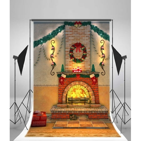 Image of HelloDecor Christmas Backdrop with Fireplace 5x7ft Photography Backdrop Xmas Trees Decoration Wreath Socks Brick Wall Lamps Gifts Wooden Floor Children Baby Kids Photos Video Studio Props