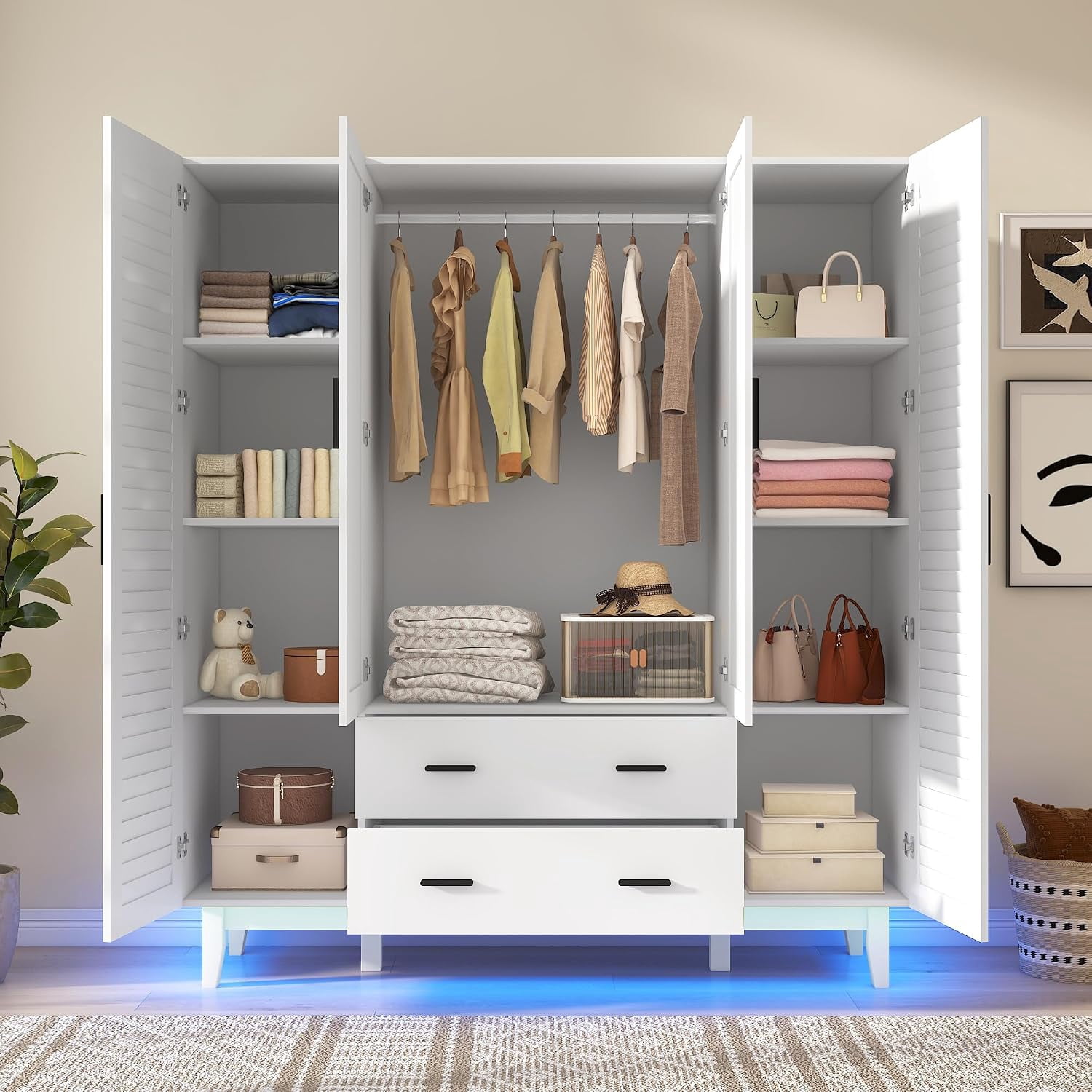 Blotout 70" Armoire Wardrobe Closet with Mirror & LED Lights, 4 Door Wardrobe Armoire with 2 Large Drawers, LED Wood Armoire Storage with Hanging Rods and Multi-Layer Shelves(White)