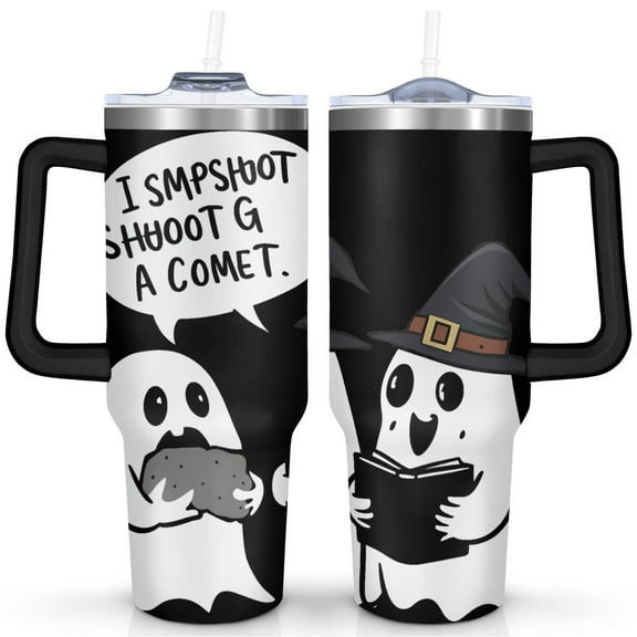 Halloween Tumbler 40oz - Spooky Ghost Pumpkin Skull Design - Stainless Steel Vacuum Insulated Cup with Handle & Straw - BPA-Free