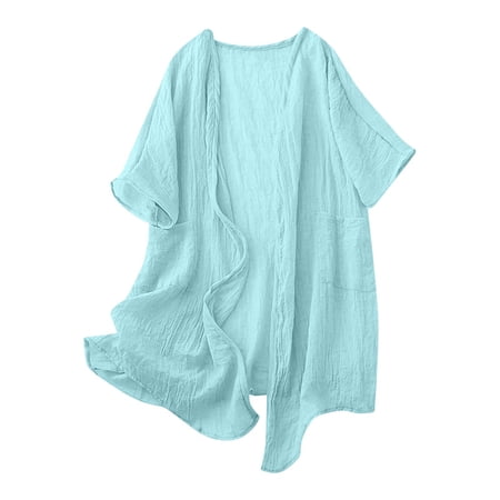 UAMVSH Womens Long Cardigans Cotton Linen Lightweight Fall Casual Cover up Trendy Open Front Half Sleeve Tops Beach Vacation Jackets(Medium Light Blue 1)